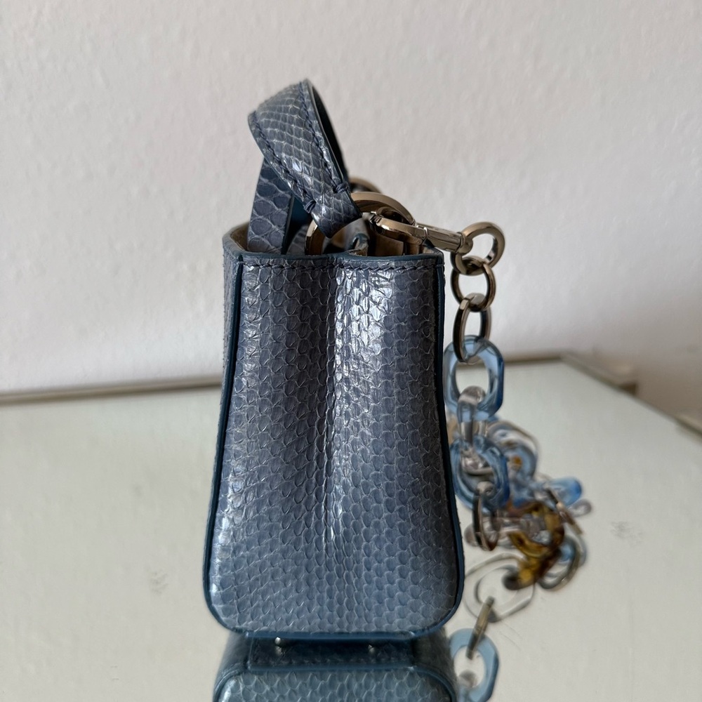 JIMMY CHOO Varenne Top Handle Blue Glossy Elaphe Mini Handbag Plexi Chain - Picture 8 of 14